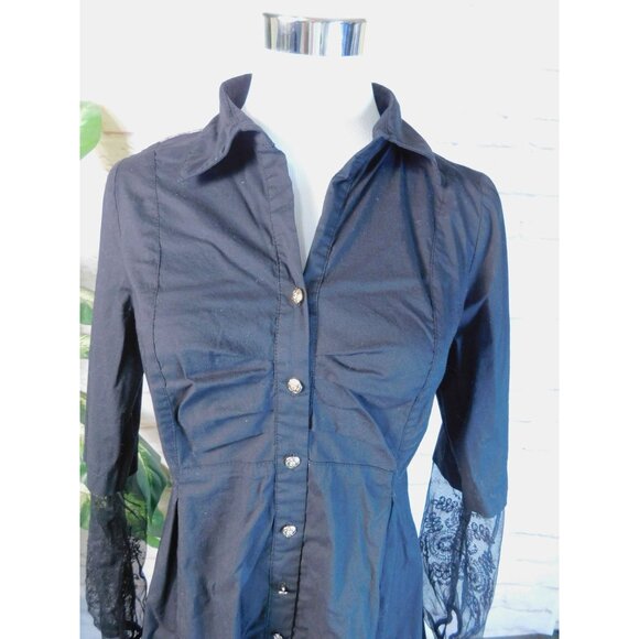 Midnight Velvet Black Button-Down Long Tunic Shirt With Lace Sleeves & Back Size - Picture 4 of 11